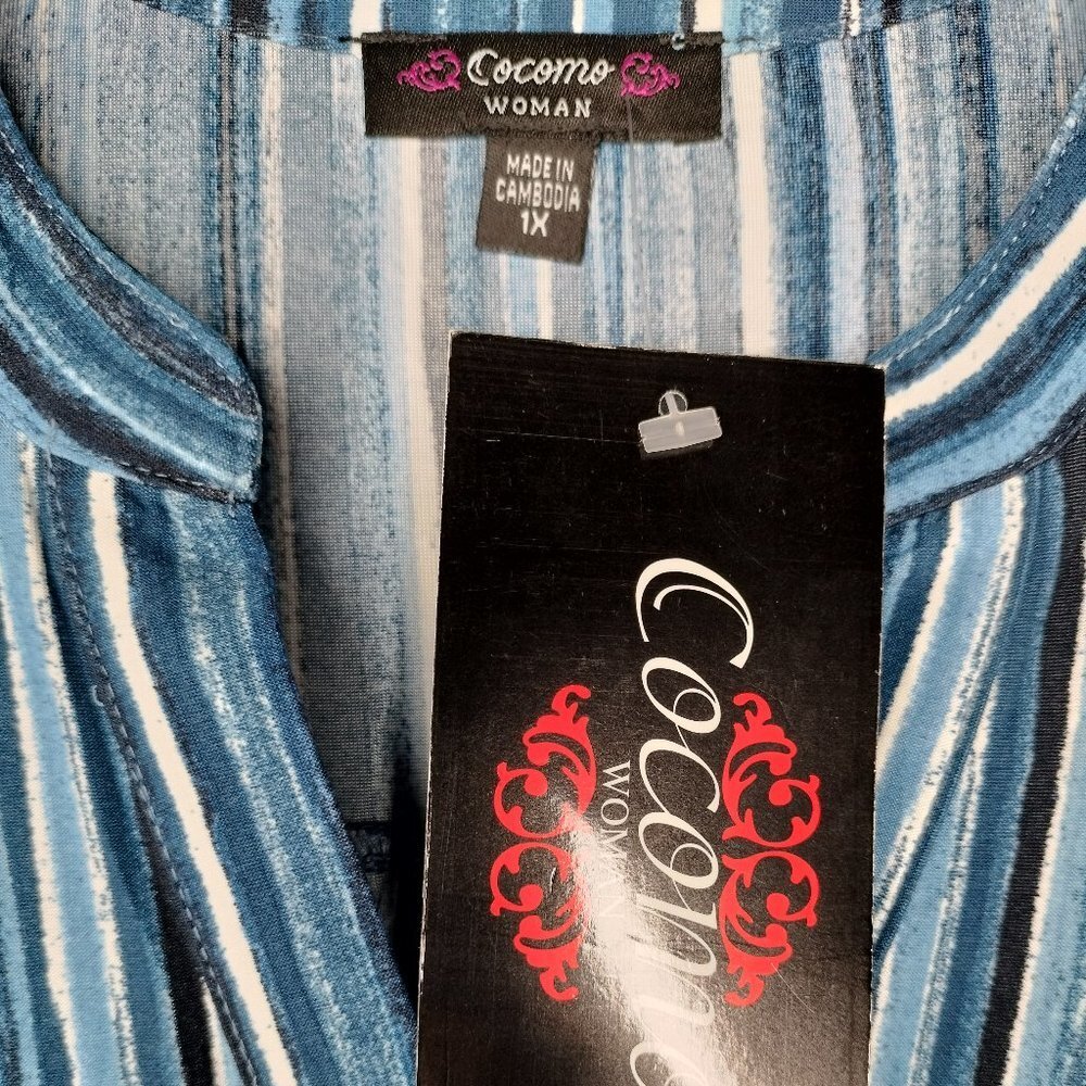 NWT Cocomo Plus Size 1X Blue Stripe Print Studded Pintuck 3/4 Sleeve Blouse Top - Picture 6 of 7